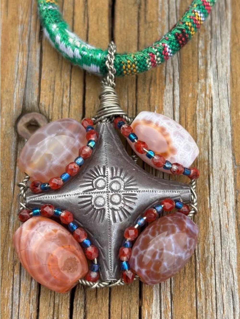Handcrafted Silver-Tone Coral Bead Pendant Necklace - Green Cord